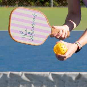 Trendy Roze Witte Strepen Custom Script Wedding Pickleball Paddle