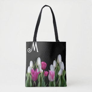 Trendy roze witte tulpen bloemengroen zwart girly tote bag