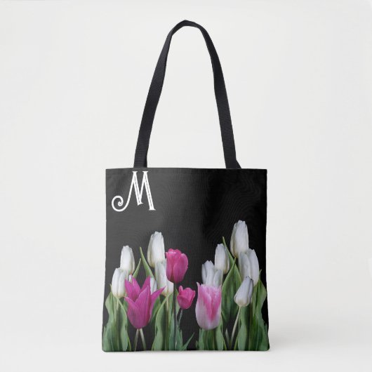 Trendy roze witte tulpen bloemengroen zwart girly tote bag (Voorkant)