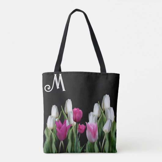 Trendy roze witte tulpen bloemengroen zwart girly tote bag (Achterkant)