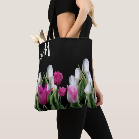 Trendy roze witte tulpen bloemengroen zwart girly tote bag (Dichtbij)