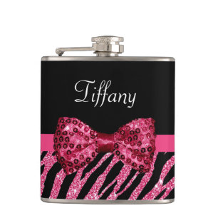 Trendy roze zebra print FAUX Glitz Bow met naam Heupfles