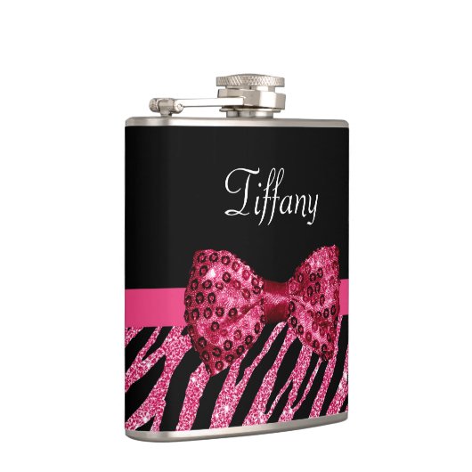 Trendy roze zebra print FAUX Glitz Bow met naam Heupfles (Rechts)