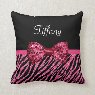 Trendy roze zebra print FAUX Glitz Bow met naam Kussen