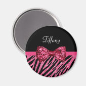 Trendy roze zebra print FAUX Glitz Bow met naam Magneet (Voorkant / Achterkant)