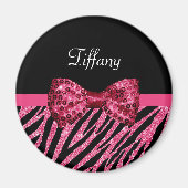 Trendy roze zebra print FAUX Glitz Bow met naam Magneet (Voorkant)