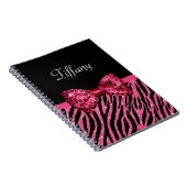 Trendy roze zebra print FAUX Glitz Bow met naam Notitieboek (Rechterzijde)