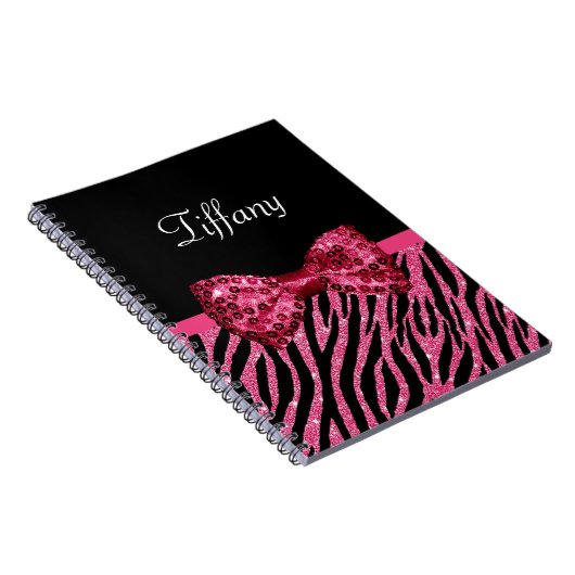 Trendy roze zebra print FAUX Glitz Bow met naam Notitieboek (Rechterzijde)