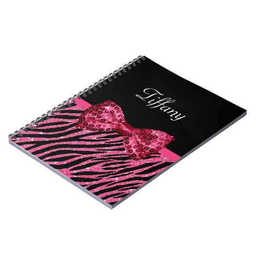 Trendy roze zebra print FAUX Glitz Bow met naam Notitieboek (Linkerzijde)