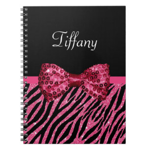 Trendy roze zebra print FAUX Glitz Bow met naam Notitieboek