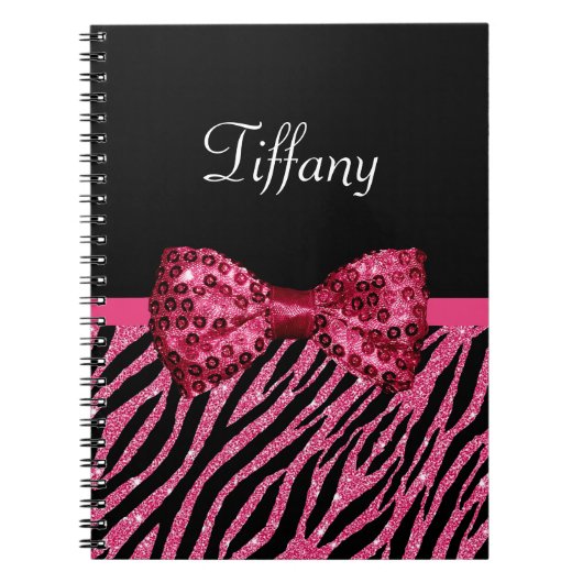 Trendy roze zebra print FAUX Glitz Bow met naam Notitieboek (Voorkant)