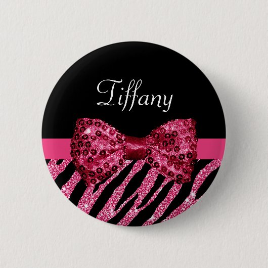 Trendy roze zebra print FAUX Glitz Bow met naam Ronde Button 5,7 Cm (Voorkant)