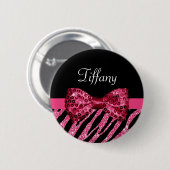 Trendy roze zebra print FAUX Glitz Bow met naam Ronde Button 5,7 Cm (Voorkant /achterkant)