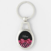 Trendy roze zebra print FAUX Glitz Bow met naam Sleutelhanger (Voorkant)