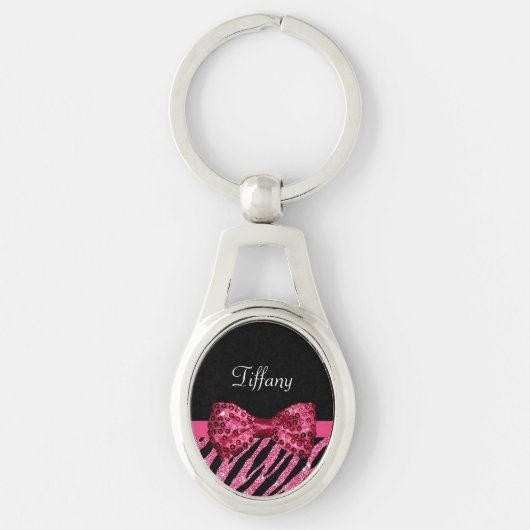 Trendy roze zebra print FAUX Glitz Bow met naam Sleutelhanger (Voorkant)