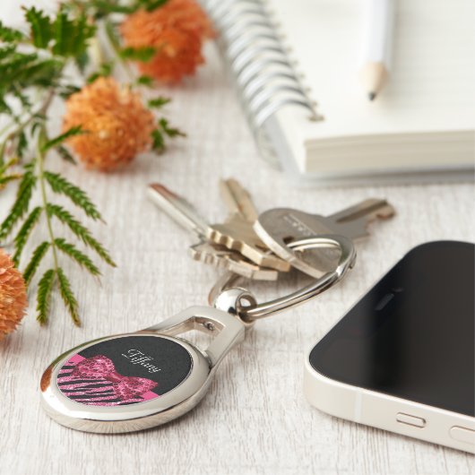 Trendy roze zebra print FAUX Glitz Bow met naam Sleutelhanger (Zijkant)