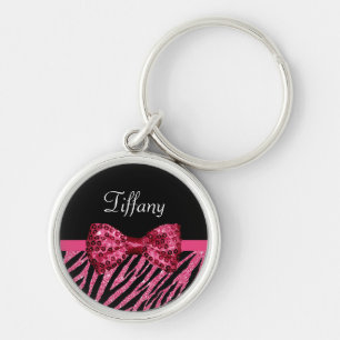 Trendy roze zebra print FAUX Glitz Bow met naam Sleutelhanger