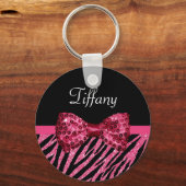 Trendy roze zebra print FAUX Glitz Bow met naam Sleutelhanger (Voorkant)