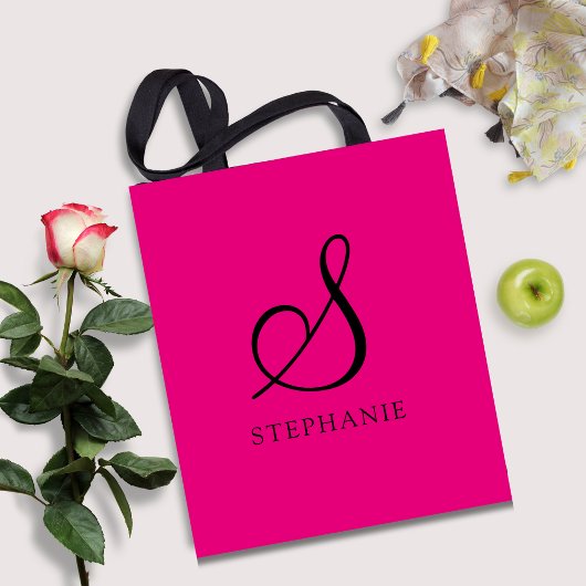 Trendy Roze Zwart Monogram Initiaal Script Naam Tote Bag
