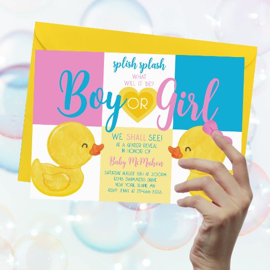 Trendy Rubber Duck Gender Reveal Party Uitnodiging