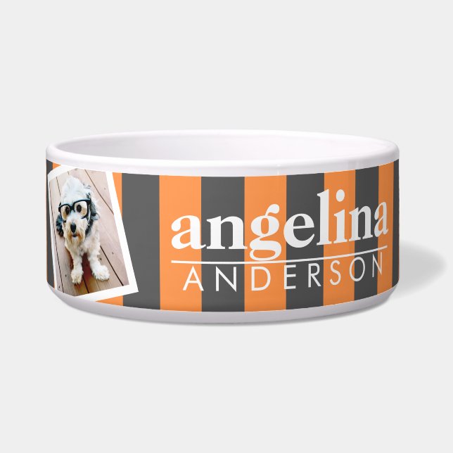 Trendy Rugby Striped Pattern Custom Name and Photo Voerbakje (Voorkant)
