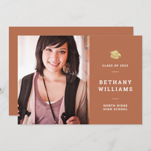 Trendy Rust Typography Photo Graduation Party Kaart (Voorkant / Achterkant)