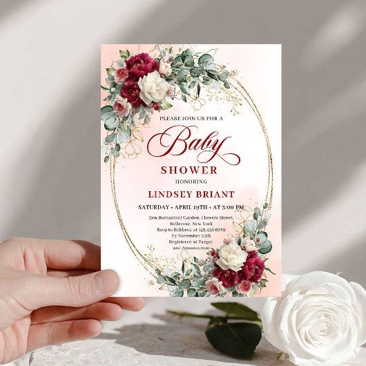 Trendy Rustic Burgundy Gold Baby Shower Invitation Kaart