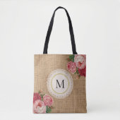 Trendy Rustic Burlap  Floral Lace Monogram Tote Bag (Voorkant)