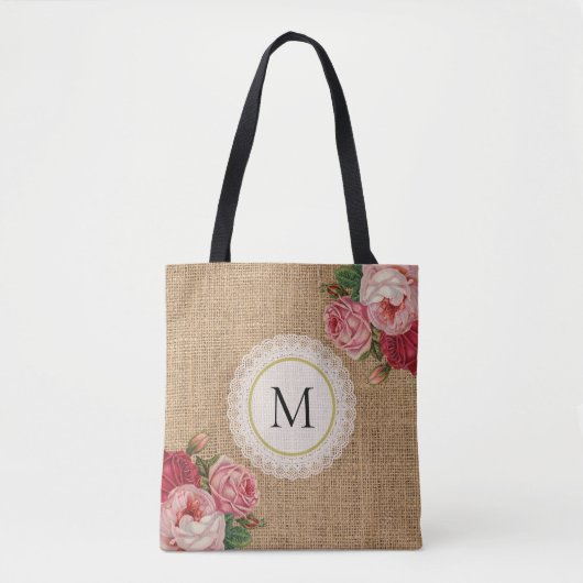 Trendy Rustic Burlap  Floral Lace Monogram Tote Bag (Voorkant)