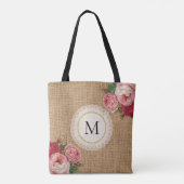 Trendy Rustic Burlap  Floral Lace Monogram Tote Bag (Achterkant)