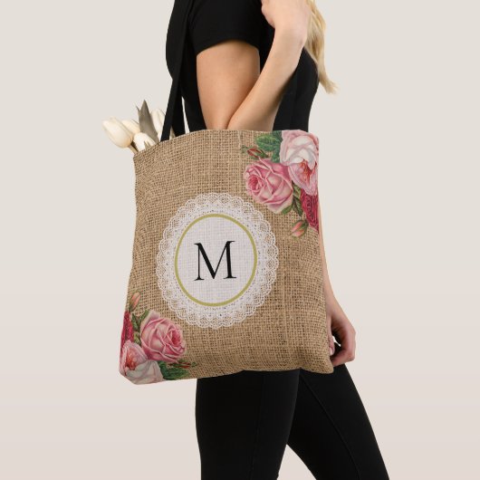 Trendy Rustic Burlap  Floral Lace Monogram Tote Bag (Dichtbij)