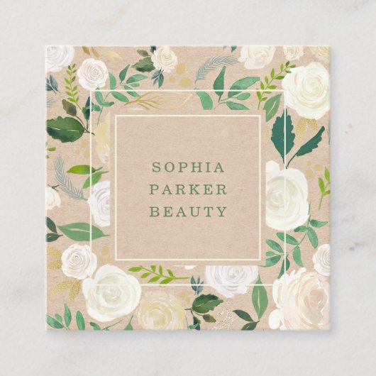 Trendy Rustic White Floral over Kraft | Sociale me Vierkante Visitekaartje (Voorkant)