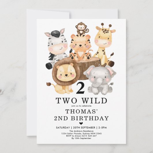 Trendy Safari Oerwoud TWO WILD 2e verjaardag Kaart (Voorkant)