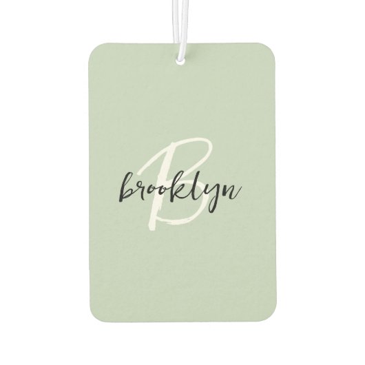 Trendy Sage Green Black White Script Monogram Luchtverfrisser (Achterkant)