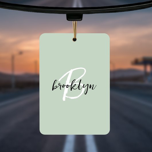 Trendy Sage Green Black White Script Monogram  Luchtverfrisser