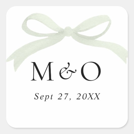 Trendy Sage Green Bow Watercolor Monogram Wedding Vierkante Sticker (Voorkant)