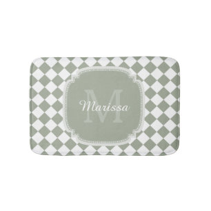 Trendy Sage Green Checked Monogrammed Name Badmat