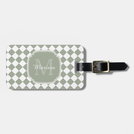 Trendy Sage Green Checked Monogrammed Name Bagagelabel (Voorkant horizontaal)