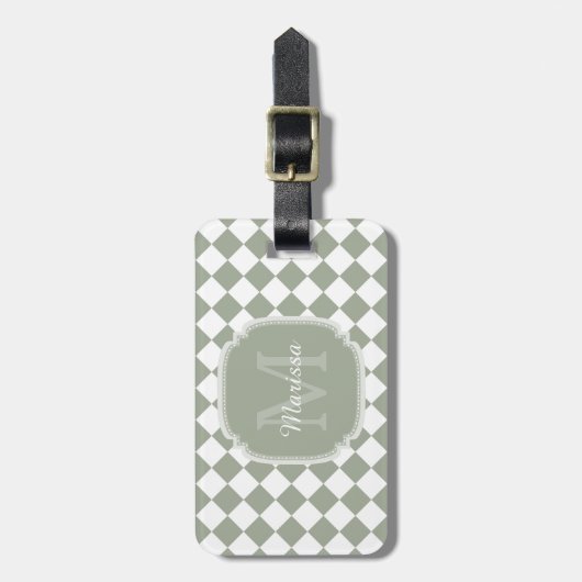 Trendy Sage Green Checked Monogrammed Name Bagagelabel (Voorkant verticaal)