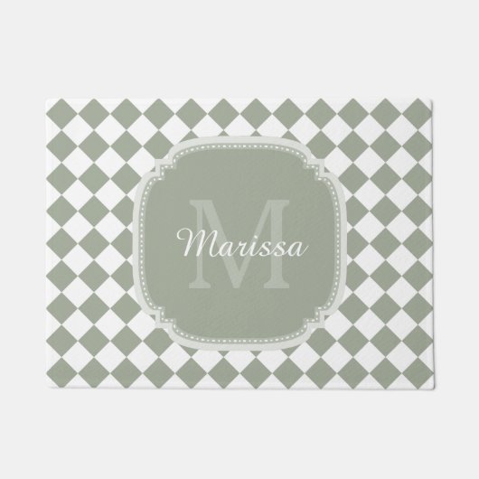 Trendy Sage Green Checked Monogrammed Name Deurmat (Voorkant)