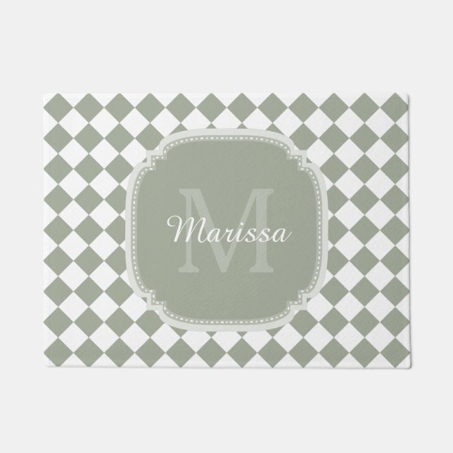 Trendy Sage Green Checked Monogrammed Name Deurmat (Voorkant)