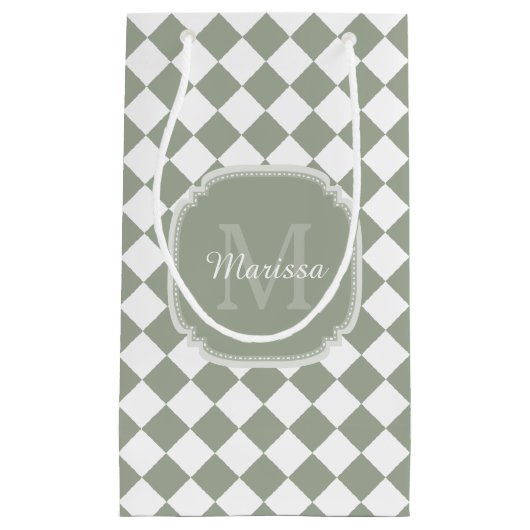 Trendy Sage Green Checked Monogrammed Name Klein Cadeauzakje (Voorkant)