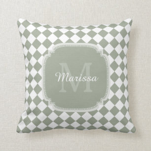 Trendy Sage Green Checked Monogrammed Name Kussen