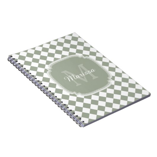Trendy Sage Green Checked Monogrammed Name Notitieboek (Rechterzijde)