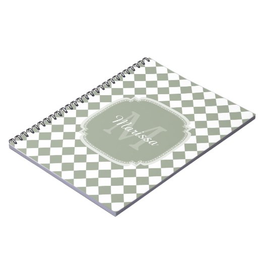 Trendy Sage Green Checked Monogrammed Name Notitieboek (Linkerzijde)