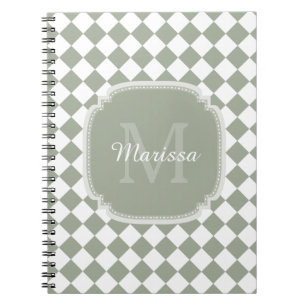 Trendy Sage Green Checked Monogrammed Name Notitieboek