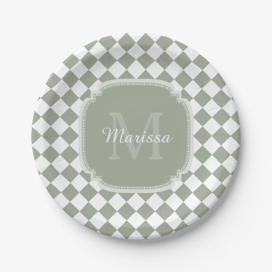 Trendy Sage Green Checked Monogrammed Name Papieren Bordje (Voorkant)