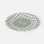 Trendy Sage Green Checked Monogrammed Name Papieren Bordje (Gekanteld)