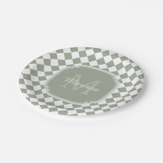 Trendy Sage Green Checked Monogrammed Name Papieren Bordje (Gekanteld)