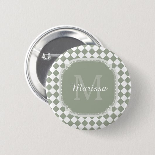Trendy Sage Green Checked Monogrammed Name Ronde Button 5,7 Cm (Voorkant /achterkant)